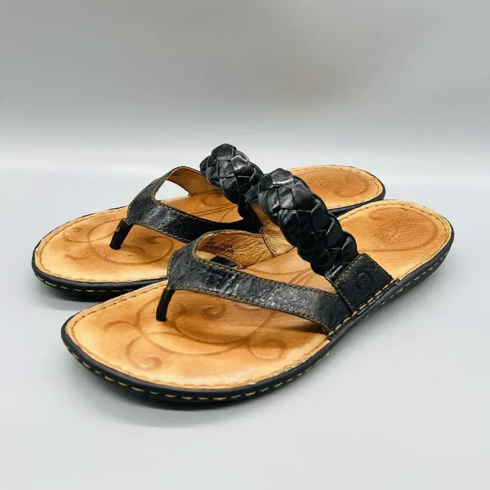 Born Sandals Womens 9 Black Leather Braided Strap Thong Slip On Comfort Shoes